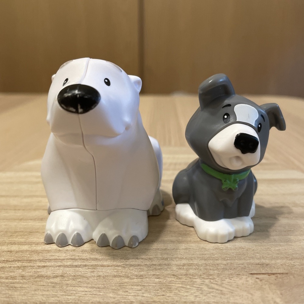 Fisher Price Little People Figure Lot 2 Gray Dog Green Collar & Polar Bear